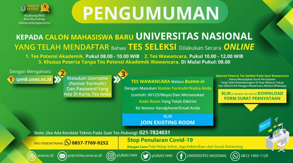 PENGUMUMAN Tes Seleksi Online Bagi Mahasiswa Baru UNAS Yang Sudah Mendaftar