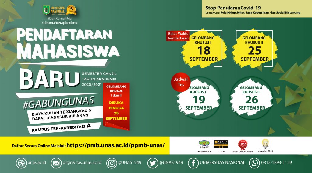 Pendaftaran Mahasiswa Baru UNAS Semester Ganjil T.A. 2020/2021 Gelombang Khusus I dan II